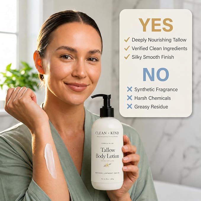 Vanilla Tallow Body Lotion — Hydrating Non-Toxic Natural Body Moisturizer & Cream, Grass-Fed Beef, Organic Shea, Jojoba, Coconut MCT & Aloe for Dry Sensitive Skin (8 oz)