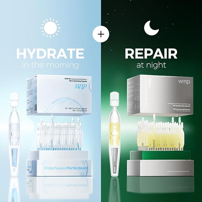 WNP Emergency Repair Serum Set: Ultra 3% Hydrating Serum 4D Hyaluronic Acid Firming Oil-Suspension Serum Single-Use Skincare for Sensitive Skin - 60 Vials