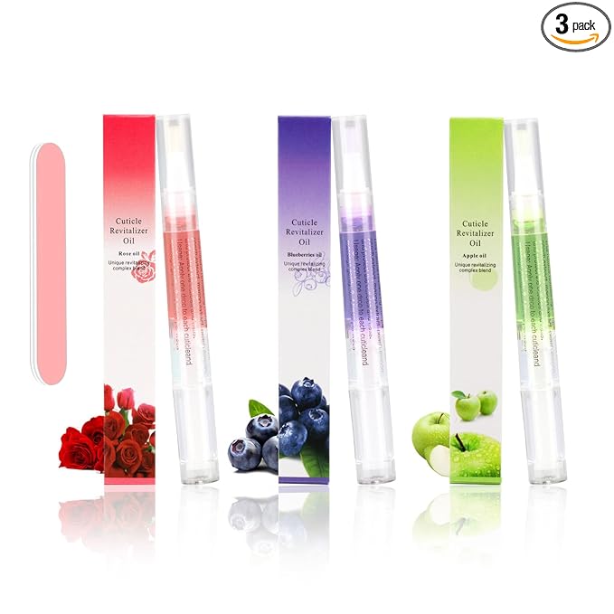 Meschett 3PCS Nail Cuticle Oil Pens with Nail File, Cuticle Oil for Nails from Natural, Nail Oil Cuticle for Cracked and Dry Nail(Blueberry & Rose & Apple Flavor)