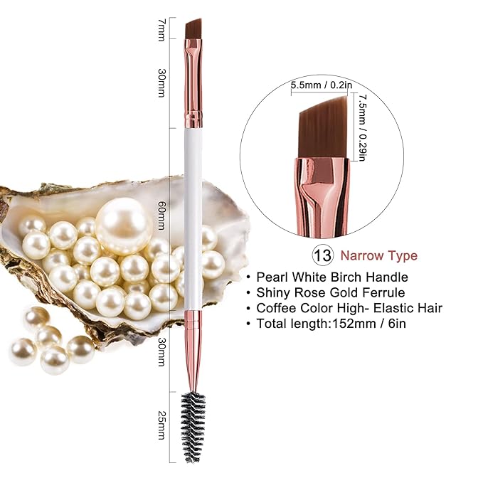 Duo Eyebrow and Eyelash Brush - Spoolie and Angled Brow Brush for Eye Makeup (5pcs, White)