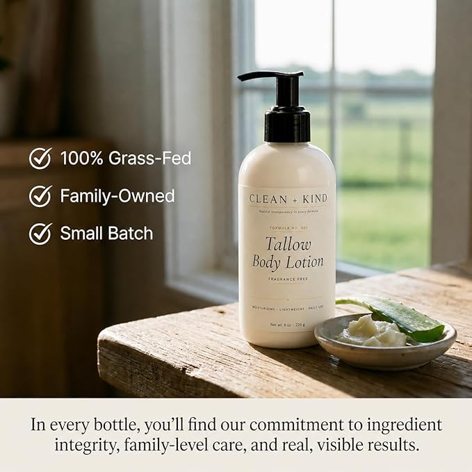 Fragrance Free Tallow Body Lotion — Hydrating Non-Toxic Unscented Natural Body Moisturizer & Cream, Grass-Fed Beef, Organic Shea, Jojoba, Coconut MCT & Aloe for Dry Sensitive Skin (8 oz)