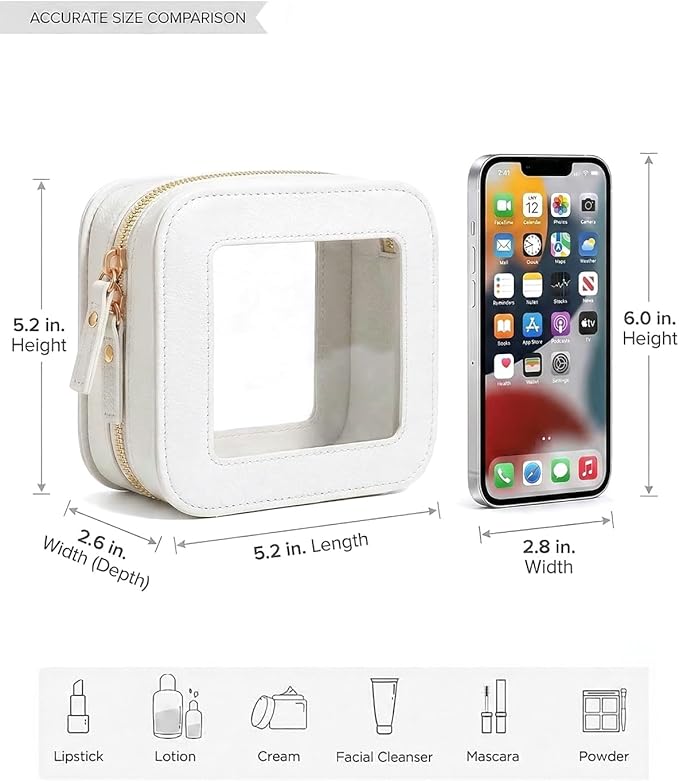 LETGO Small Makeup Bag for Purse Mini Cosmetics Bag Clear Cute Cosmetic Pouch for Women with Slip-in Pockets Car Bag for Essentials Accessories for Girls Women Square Beige