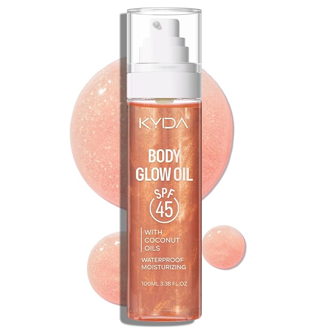 KYDA Travel Size Sunscreen, SPF 45 Body Glow Oil with Sequin Mica, Lightweight Moisturizing Coconuts Sunscreen SPF Glow Oil, Sun-kissed Shimmer Body Lotion, Water Resistant, 3.38 fl oz, ROSE