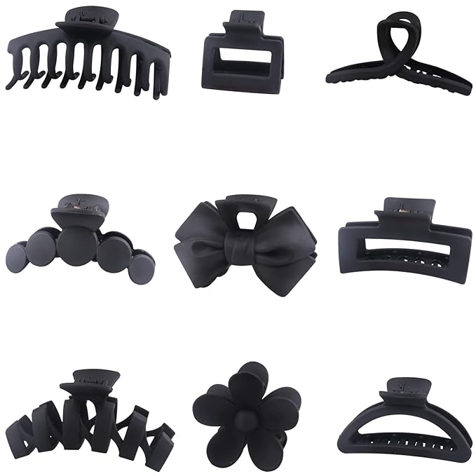 Black Hair Claw Clips, Lightweight Big Strong Hold Nonslip Matte Claw for Thick Hair & Thin Hair & Curly Hair, 90's Vintage Jaw Clips, With Organza Storage Bag