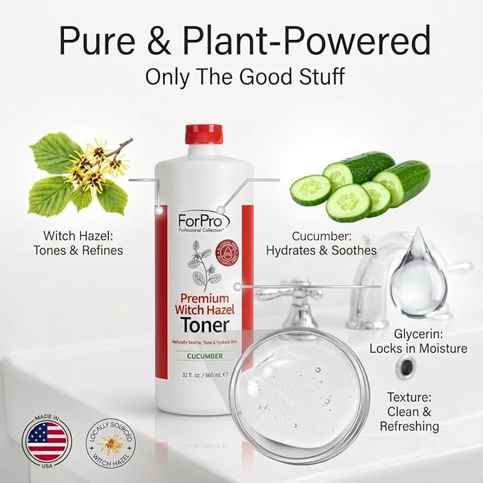 ForPro Witch Hazel Facial Toner, Cucumber Scent, 32 Fl Oz, Alcohol-Free with Aloe Vera & Glycerin, Pore Minimizing Hydrating Astringent for Sensitive Skin, Vegan & Cruelty-Free