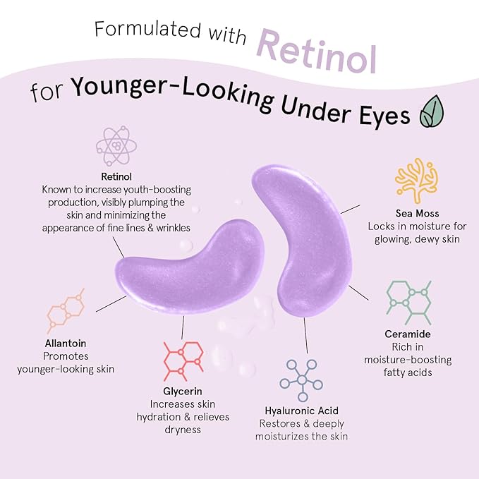 grace & stella Retinol Under Eye Patches for Puffy Eyes & Dark Circles - Restoring Gel Under Eye Masks with Hyaluronic Acid - Birthday Gifts for Women, Bachelorette Party Favors (Purple, 24 Pairs)