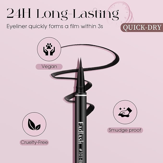 FADLASH Waterproof Eyeliner Liquid, Black Ink Matte Eye Liner,Smooth & Dry Quickly Eye Pen Smudge-Proof, Long-Lasting Natural Look, Not Prone, Highly Pigmented, Vegan (0.6 ml)