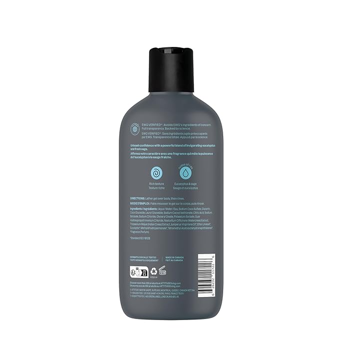 ATTITUDE Shower Gel Body Wash for Men, 98% Natural Origin Ingredients, Paraben & Phthalate Free, EWG Verified, Cleanses Without Drying, Eucalyptus & Sage, 14 Fl Oz (Pack of 3)