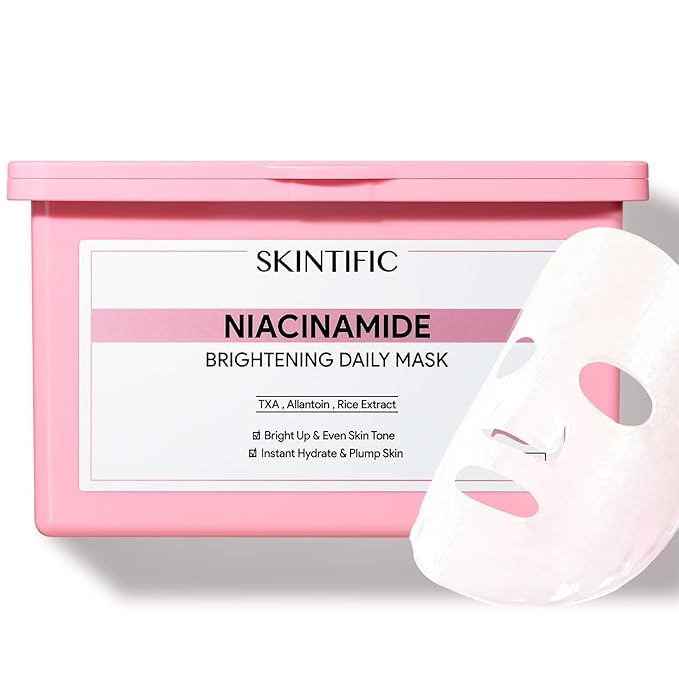 SKINTIFIC Niacinamide Brightening Daily Sheet Mask, 10-Min Facial Mask with Tranexamic Acid & Rice Extract, Hydrating & Smoothing for Even Tone and Radiant-Looking Skin (400g,30 sheets)