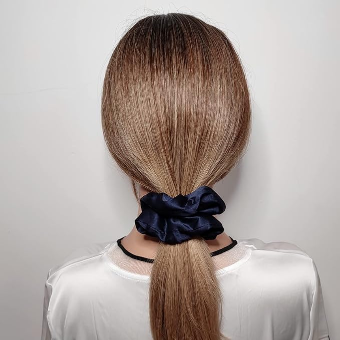 12 Pcs Satin Silk Scrunchies Soft Hair Ties Fashion Hair Bands Bow Ropes Elastics Ponytail Holders Accessories for Women and Girls (4.3 Inch, Navy Blue)