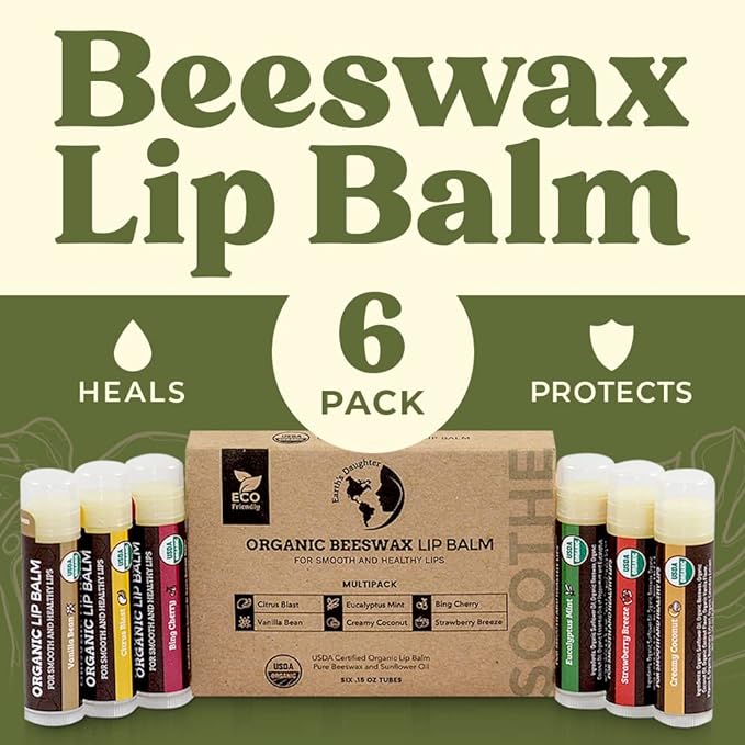 Earth's Daughter USDA Organic Lip Balm 6-Pack - Fruit Flavors, Beeswax, Coconut Oil, Vitamin E - Best Lip Repair Chapstick for Dry Cracked Lips - Moisturizing Lip Care