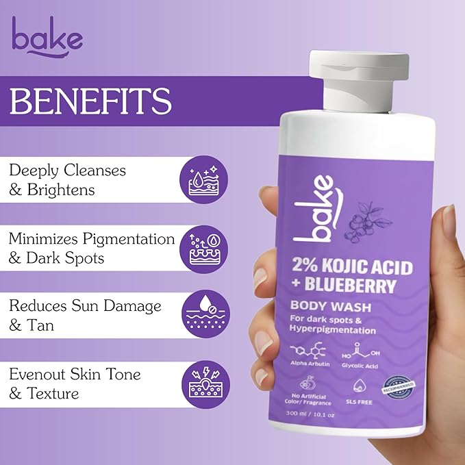 BAKE 2% Kojic Acid Body Wash for Pigmentation & Tan Removal with Glycolic Acid & Alpha Arbutin | For Dark Knees & Elbows | Dark Spots & Sun Damage | 250ml
