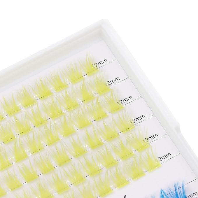 12rows-Large Tray Mixed 8-10-12-14-16mm/Mixed 14-15-16mm/Mixed14mm-16mm/Mixed 18-20mm Wide Stem Individual False Eyelashes Dramatic Black Cluster Eyelashes (T50-yellow-blue-12-14mm)