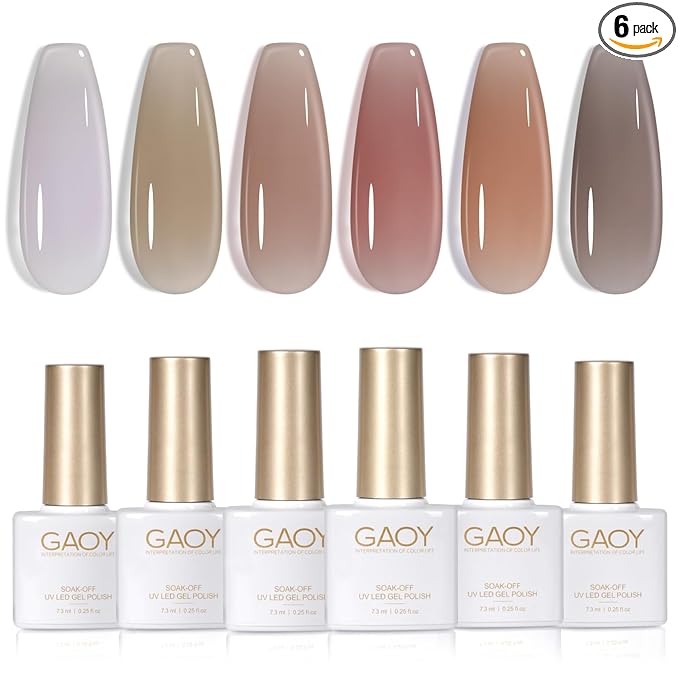 GAOY Jelly Nude Nail Polish Set, 6 Transparent Colors Sheer Brown Grey Soak Off UV Light Cure Gel Polish Kit for Salon and Nail Art DIY at Home