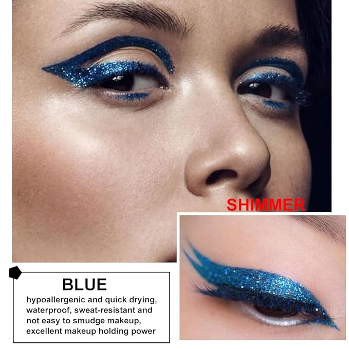 evpct 2Pcs Green & Royal Blue Glitter Shimmer Liquid Eyeliner Eye Shadow Makeup Pencil Set, Green Blue Face Body Glitter Makeup Fake Eyelashes Mascara, Sparkle Metallic Colored Eyeliner Waterproof