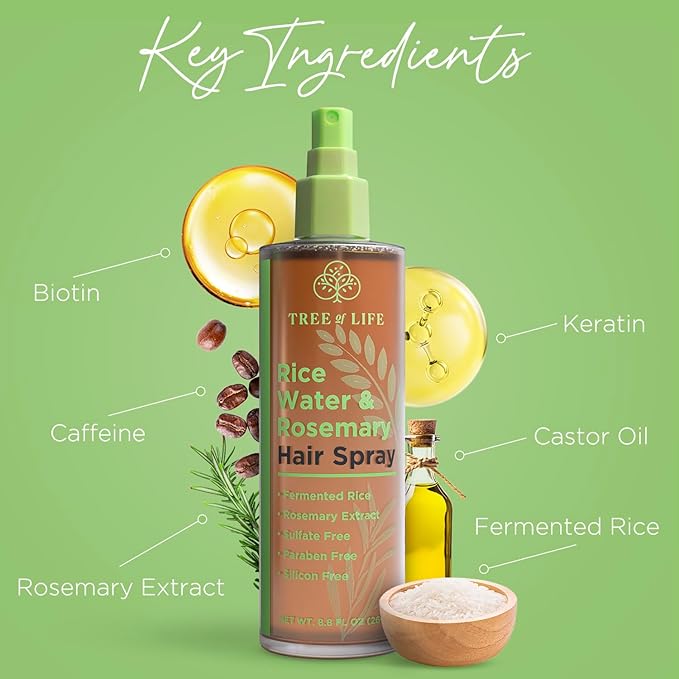 Rice Water Hair Spray Rosemary Water Spray for Hair Growth (8.8 fl oz) - Hair Thickening Fermented Rice, Caffeine, Rosemary Extract, Biotin, Keratin and Castor Oil Scalp Care