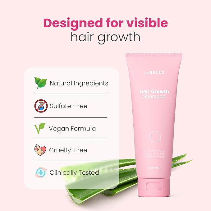 Trybello Hair Growth Shampoo with DHT Blocker | Natural Thickening & Scalp Detox | Sulfate Free & Vegan Formula | Caffeine, Aloe Vera, Turmeric, and Urucum Extract | For Any Hair Type