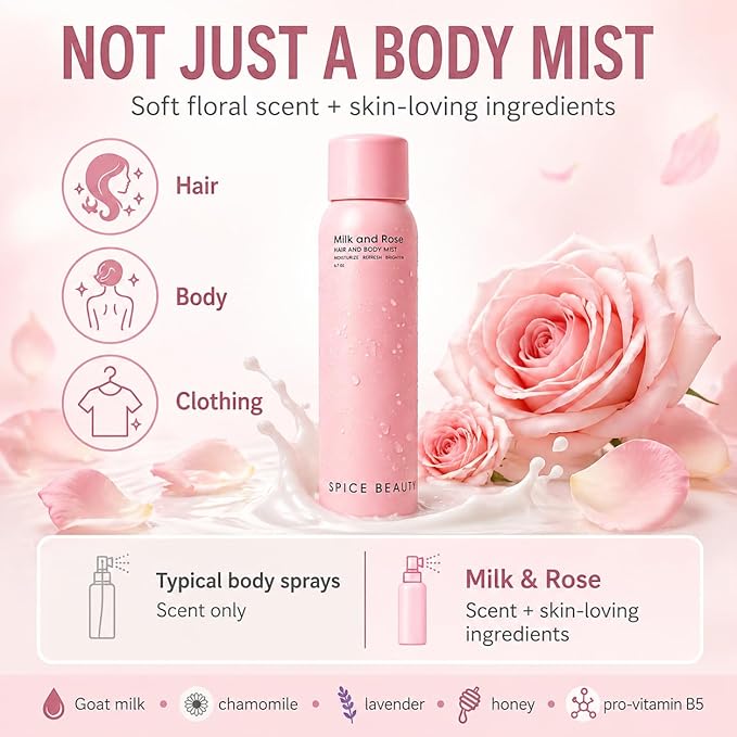 Milk & Rose Hair & Body Mist | Hydrating Floral Mist for Hair, Skin & Clothing | Rose, Goat Milk & Skin-Loving Ingredients | 6.7 oz