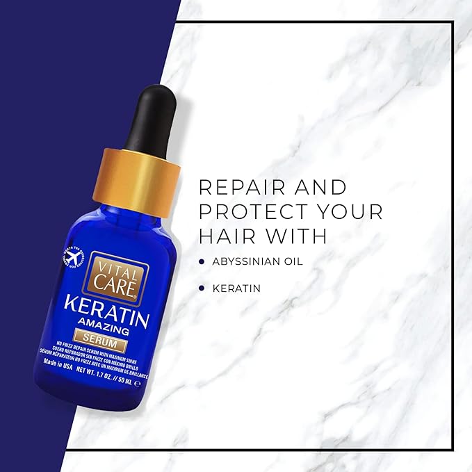 Vital Care Keratin Amazing No-Frizz Serum with Glass Bottle & Dropper - Keratin Complex Hair Treatment is Non-Stripping for Daily Use, Hydrating & Repairing - Abyssinian, Avocado & Sunflower Seed Oil