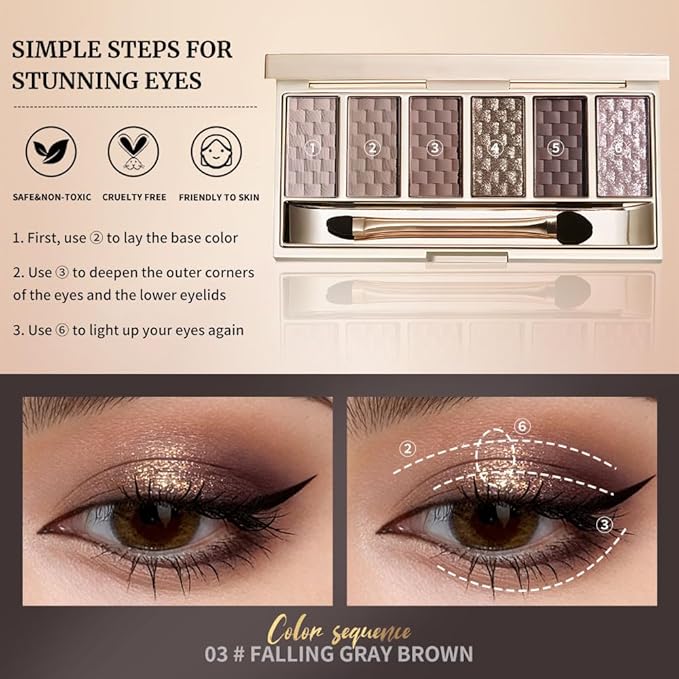 Neutral Brown Matte Shimmer Eyeshadow Palette, 6 Color High Pigment Blendable Eye Shadow Makeup for Older Women, Lightweight Travel Size, Suitable for All Eye Shapes, Everyday Natural Look Vegan 03#