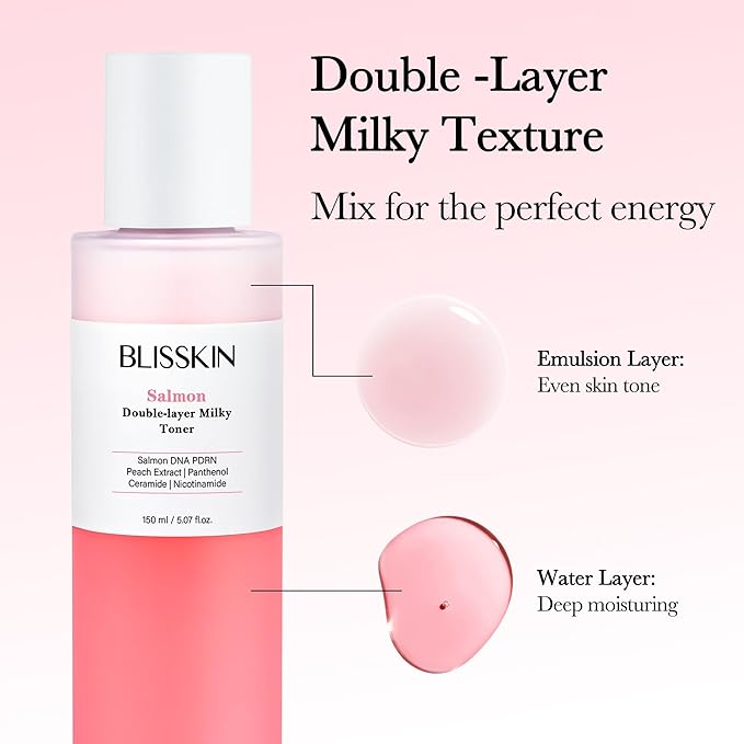 Salmon Double-Layer Milky Toner, Low-Irritation Double Layer Toner for Glass Glow Skin with Peptide, Even Skin Tone, Radiance, Hydration, 150ml