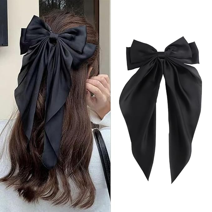 Silky Satin Oversized Long-tail Bow Clip, Large Black Hair Bow for Women Girl, Hair Accessories with Long Tail, 1Pcs