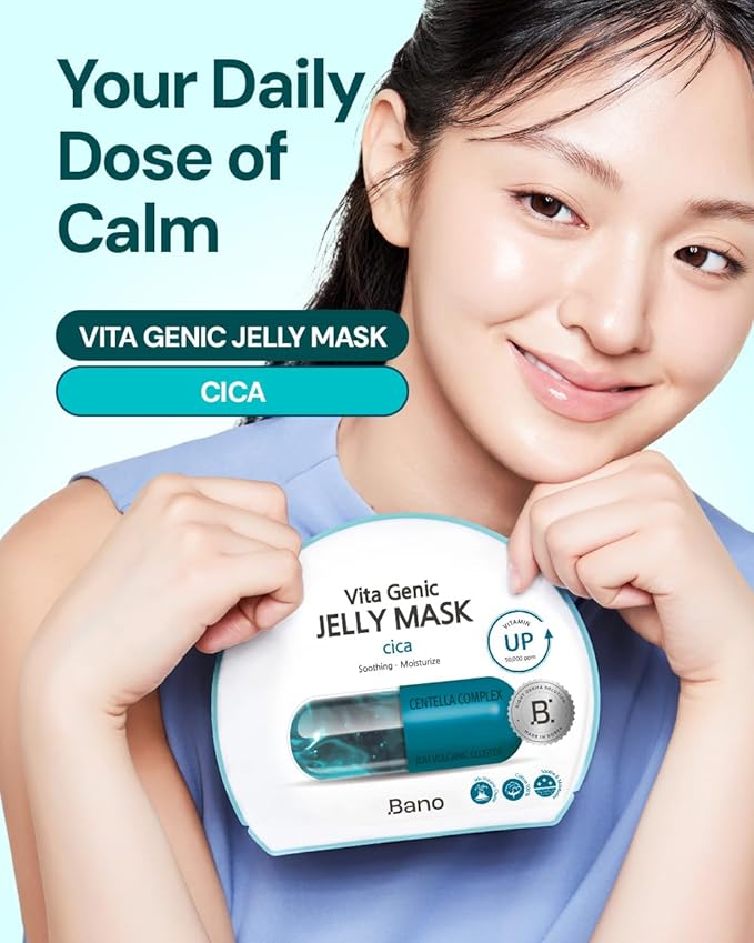 Bano Vita Genic Jelly Face CICA Mask 10EA – Soothing & Hydrating Sheet Mask for Sensitive Skin, Korean Glass Skin Care with Centella, Vitamin C, Biotin & Niacinamide, Fragrance-Free, Pack of 2