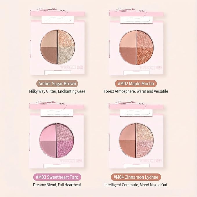 Mini Eyeshadow Palette, Matte & Shimmer Quad for Women, Travel-Friendly, Cream Stick, Smokey Nude, Glitter, Primer Powder Set (Maple Mocha)