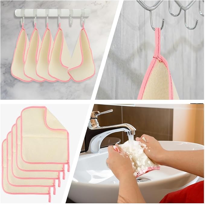 Pink Exfoliating Wash Cloths, 5 Pack, 9.4 x 7.8 inches, Nylon/Cotton, Dual-sided, Machine Washable