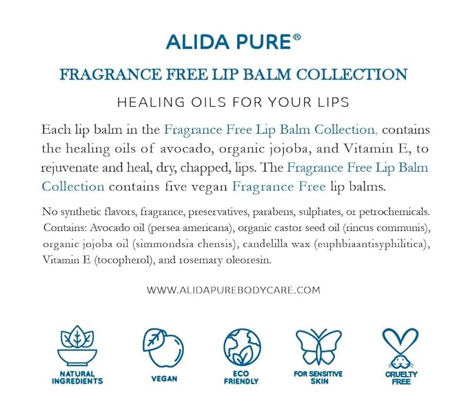 Fragrance Free Lip Balm, Vegan Set, Unscented, No Flavor, Beeswax Free, Organic Jojoba and Avocado Oil, Vitamin E, Natural Moisturizer for Dry, Chapped, or Cracked Lips, 5 Tube Set