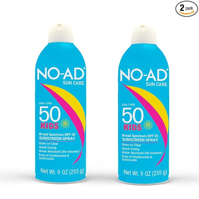 NO-AD KIDS SPF 50 Sunscreen Spray | Non-Greasy, Waterproof and Non toxic Sunscreen | Suitable for All Skin Types | Broad Spectrum Protection for Active Lifestyles | 9 oz | Pack of 2