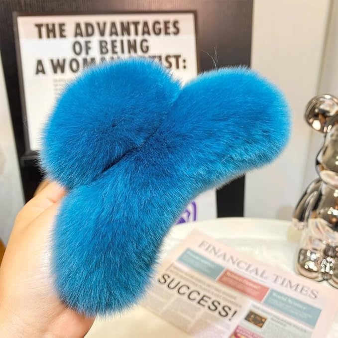 YOYLMAL Large Faux Fur Hair Claw Clip for Women, 5.1 Inches Winter Fluffy Fuzzy Hair Clips, Nonslip Strong Hold Furry Big Jaw Clamp for Thick Long Hair (Blue)