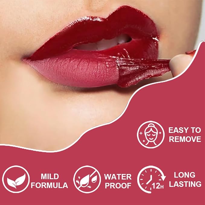 Peel Off Lip Liner Stains for Women, Long Lasting Waterproof Matte Finish Lip Tint Stains with Tweezer Kit, Transfer Proof, Easy to Use, Peel Off Liquid Lipstick for All Skin Types, #6 Rose Red