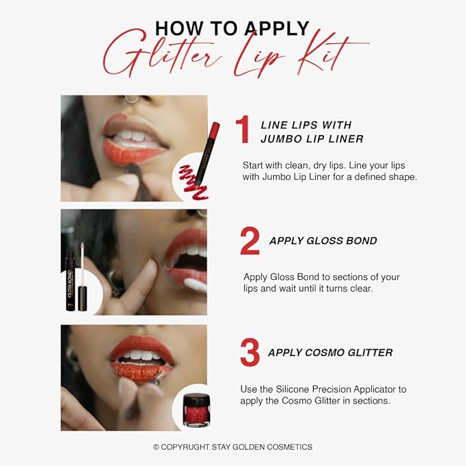 SG STAY GOLDEN COSMETICS Her Glitter Lip Kit, Cherry Red, Silver Sparkles