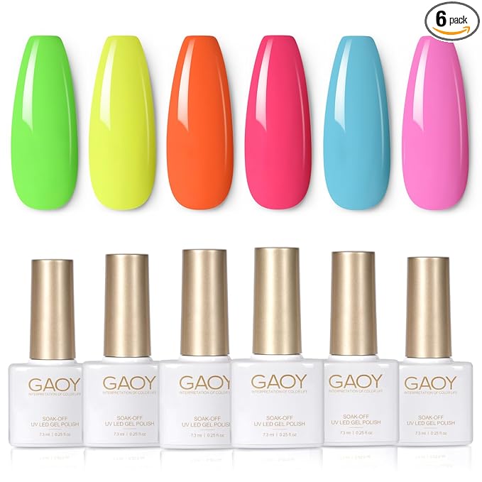GAOY Neon Gel Nail Polish Set, 6 Bright Colors Orange Hot Pink Glow in Dark, Soak Off UV Light Cure Gel Polish Kit for Nail Art DIY at Home