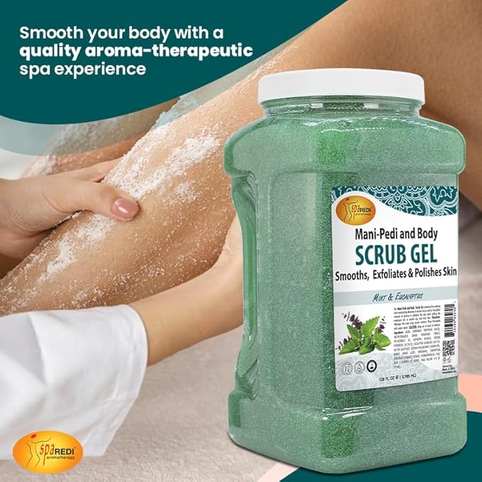 SPA REDI - Exfoliating Scrub Pumice Gel, Mint and Eucalyptus, 128 Oz - Manicure, Pedicure and Body Exfoliator Infused with Hyaluronic Acid, Amino Acids, Panthenol and Comfrey Extract