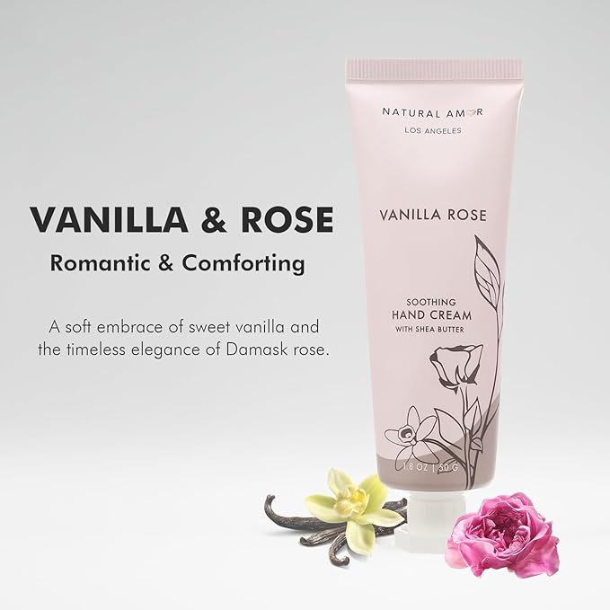 Natural Amor Hand Cream Gift Set, Vanilla Rose & Lavender 2 Pack, Moisturizing Travel Size Hand Lotion with Shea Butter Nourishing Hand Care for Dry Skin