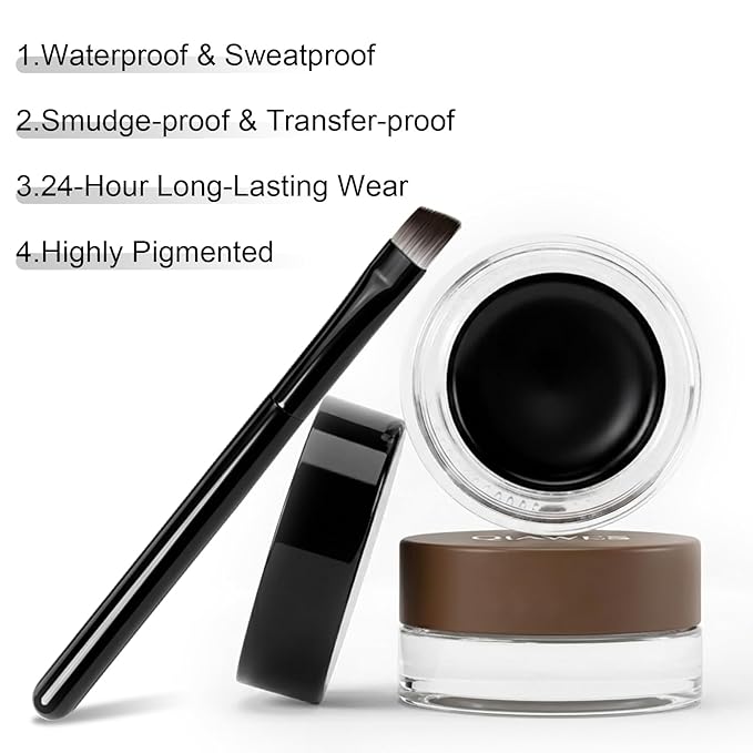 2 in 1 Black and Brown Gel Eyeliner Set Water Proof Smudge Proof, Last for All Day Long, Work Great with Eyebrow, 2 Pieces Eye Makeup Brushes Included