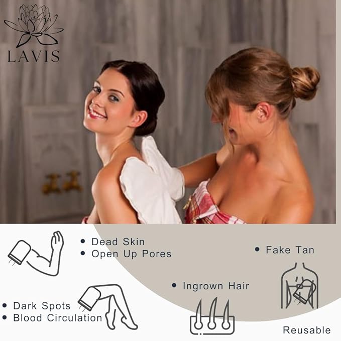 Lavis Exfoliating Glove Mitt for Body - Scrub Mitt- Dead & Dry Skin Cleaner -Turkish Bath Hammam Spa - Keratosis Pilaris Treatment - Kese- Fake Tan - Removes Dirt Grim Soft Skin -100% Natural 4Pcs Set