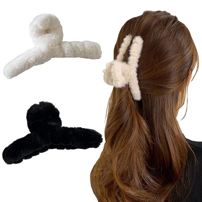 Sokfone 2pcs Fuzzy Claw Clip, Plush Hair Clamp for Thick Hair, Large Faux Fur Hair Clips, Cute Hair Clips for Thin Hair