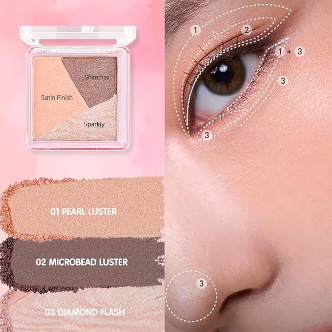 Mini Peach Brown Baked Eyeshadow Palette, 3 Shade Shimmer & Soft Glow Eye Shadow, Fine Smooth Texture, Blendable & Buildable, No Fallout, Long-Lasting for Daily & Glam Looks, Paleta de Sombras de Ojos