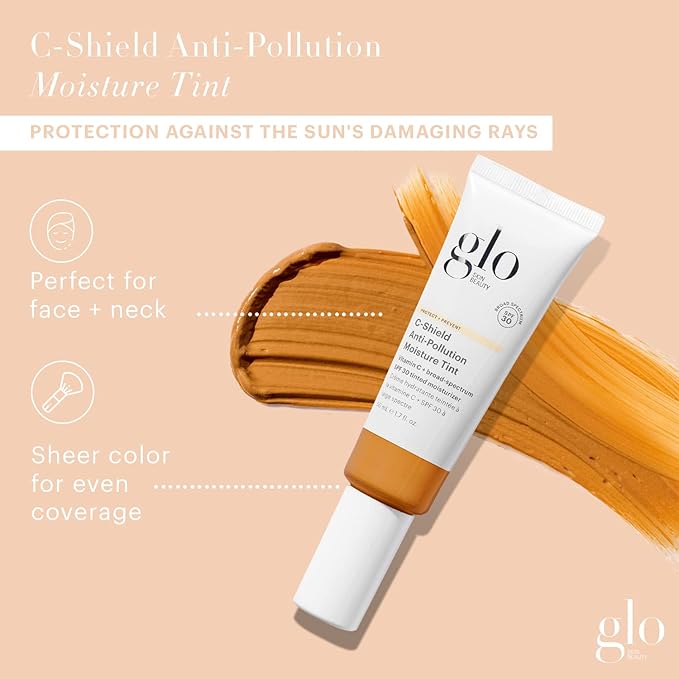 Glo Skin Beauty C-Shield Anti-Pollution Moisture Tint SPF 30, 7W-Dark – Tinted Moisturizer with SPF, Lightweight Tinted Sunscreen for Face, Vitamin C & Squalane, Dewy Sheer Coverage, All Skin Types