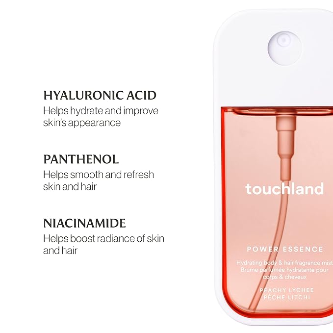 Touchland Power Essence Hydrating Body & Hair Fragrance, ISLAND BLOOM DUO (Lush Tropicale + Peachy Lychee), 2 FL. OZ. Travel Size Body Mist (Set of 2)