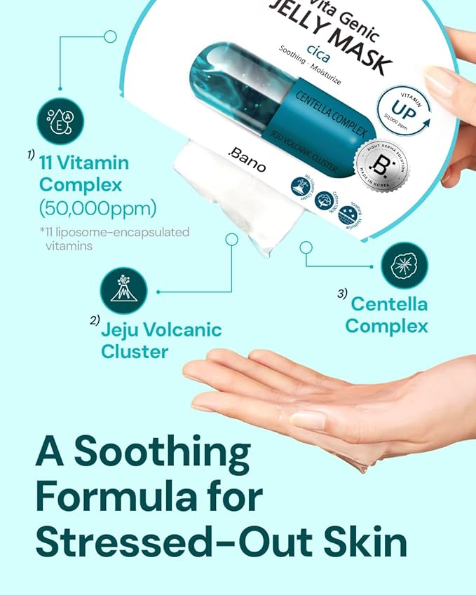 Bano Vita Genic Jelly Face CICA Mask 10EA – Soothing & Hydrating Sheet Mask for Sensitive Skin, Korean Glass Skin Care with Centella, Vitamin C, Biotin & Niacinamide, Fragrance-Free
