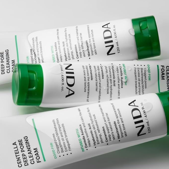 NIDA Centella Deep Pore Cleansing Foam | Centella Asiatica, Hyaluronic Acid, Ceramides, Niacinamide | Clogged Pores, Blackheads/Whiteheads, Good for Impurities & Breakouts | 4.06 oz., 120ml