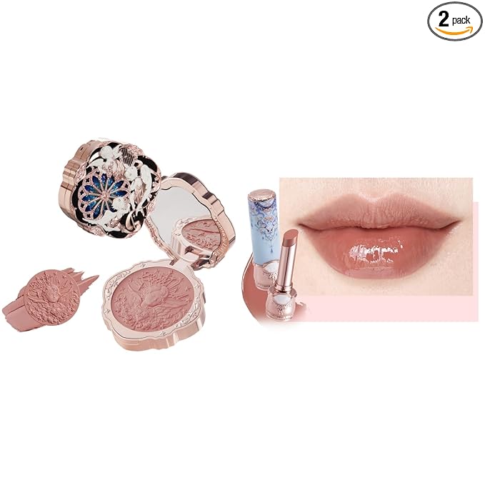 Flower Knows Little Angel Cream Blush and Butterfly Cloud Collar Glossy Lipstick Set,Buildable & Blendable Dewy Makeup,Soft Long-Lasting Cute Make Up(Blush 04 Rose Ashes + Lipstick C02 Agarwood)
