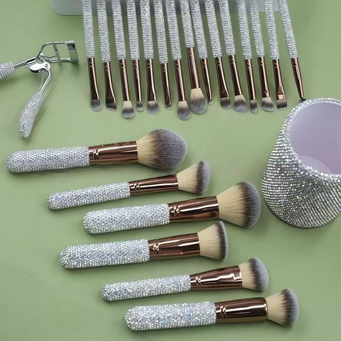 Stlalsa-Professional Makeup Brush Set, 23 Pieces, Pink and White Synthetic Brushes with Diamond Handle, for Powder, Contour, Eyeshadow Application (plata)