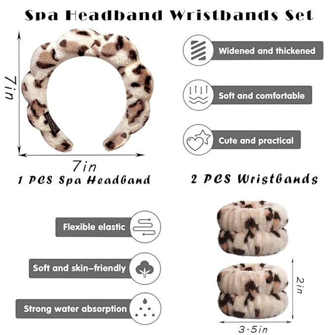 Tetizo Spa Headbands for Washing Face Wristband Set Sponge Makeup Skincare Headband Wrist Towels Bubble Soft Terry Towel Cloth Hairband for Women Puffy Headwear Non Slip Thick Thin Hair Headwear