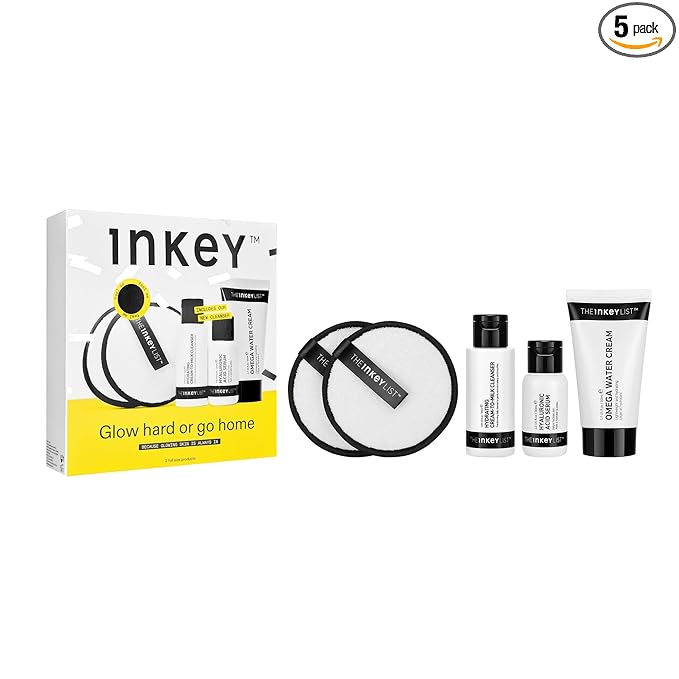 The INKEY List Glow Hard or Go Home Gift Set, Includes 2 Cleansing Pads, Hydrating Cream-to-Milk Cleanser + Hyaluronic Acid Serum + Omega Water Cream, Skincare Trio for Glowing Skin, Perfect Gift