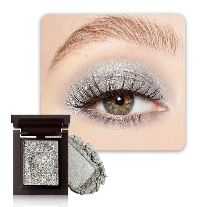WanTuoluo Sparkly Eyeshadow Palette for Women, Single Monochrome Eye Shadow Makeup, Shiny Pressed Cream Powder, Blendable Natural sombras para ojos, Holographic,Vegan,Travel (03-Glitter-Silver White)